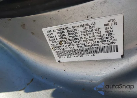 2005 Honda Odyssey Ex-L z USA, uszkodzony, nr VIN 5FNRL38645B096281